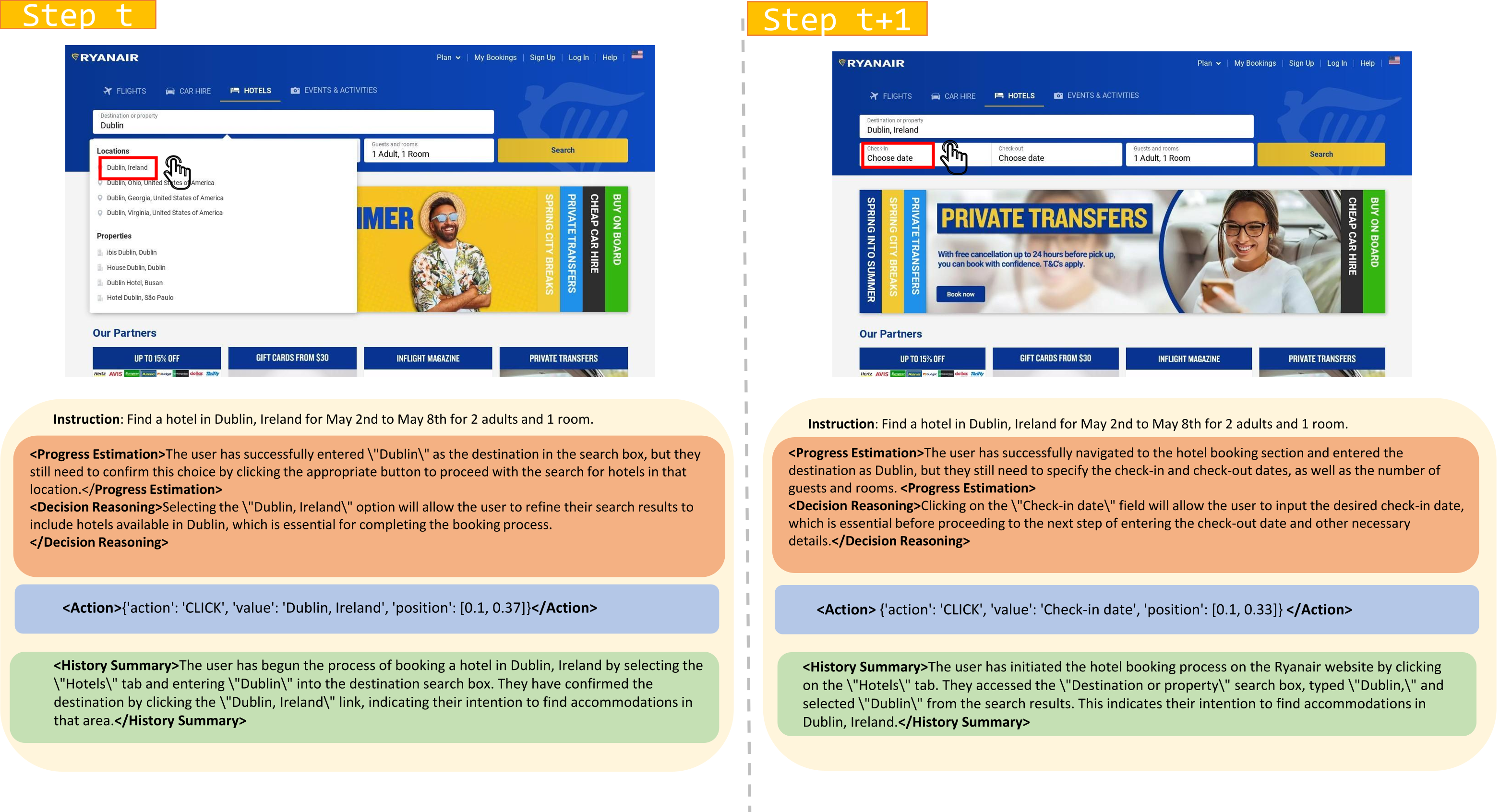 A case study from the Mind2Web dataset illustrates detailed reasoning across two consecutive steps.